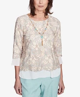 Alfred Dunner Petite Kensington Gardens Floral Lace Woven Trim Top with Necklace