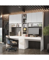 Famapy 94.5 in. W Large 2 in. 1 Wood Double Computer Desk White Writing Desk 86.6 in. Tall Bookshelf, Drawers Home Office