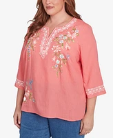 Alfred Dunner Plus Free Spirit Bohemian Floral Embroidered Flutter Sleeve Top