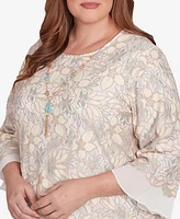 Alfred Dunner Plus Kensington Gardens Floral Lace Woven Trim Top with Necklace