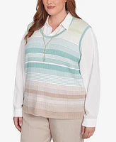 Alfred Dunner Plus Kensington Gardens Striped Vest Collared Two One Sweater with Necklace