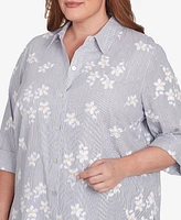 Alfred Dunner Plus Dress Code Flower Embroidered Button Down Striped Top