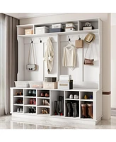 Famapy 63 in. W White Wood 3-in-1 Hall Tree Coat Rack Shoe Storage Bench with 6-Metal Double Hooks, Shoe Rack and Shelves