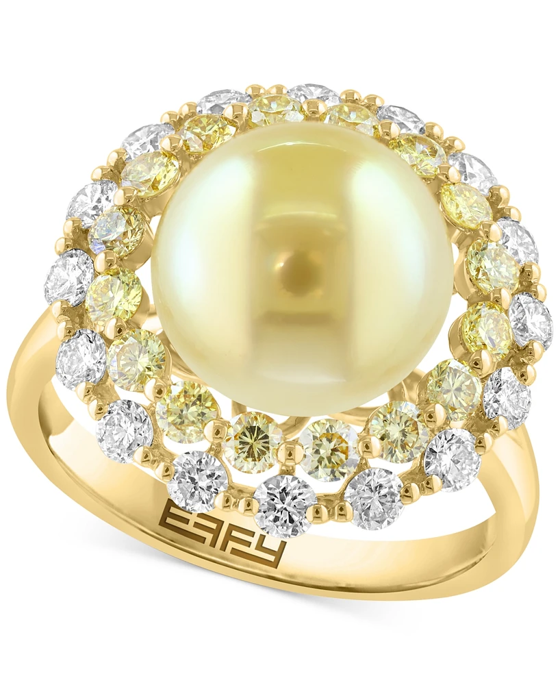 Effy Cultured South Sea Pearl (10mm), Yellow Diamond (1-1/3 ct. t.w.) & White Diamond (5/8 ct. t.w.) Halo Ring in 14k Gold