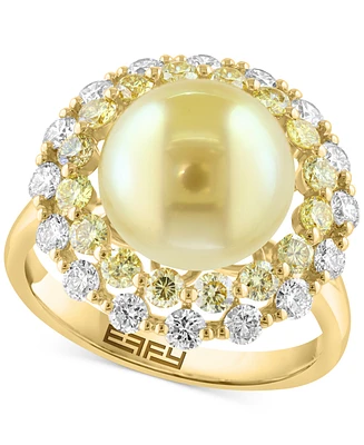 Effy Cultured South Sea Pearl (10mm), Yellow Diamond (1-1/3 ct. t.w.) & White Diamond (5/8 ct. t.w.) Halo Ring in 14k Gold