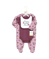 Hudson Baby Girls Cotton Sleep and Play, Bodysuit Bandana Bib Set, Plum Wildflower, 0-3 Months