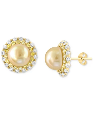 Effy Cultured South Sea Pearl (9mm), Yellow Diamond (2-1/20 ct. t.w.) & White Diamond (1-1/8 ct. t.w.) Halo Stud Earrings in 14k Gold