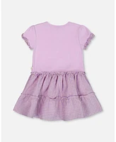 Deux par Baby Girls Bi-Material Dress With Ruffle Gingham Skirt Lilac And White