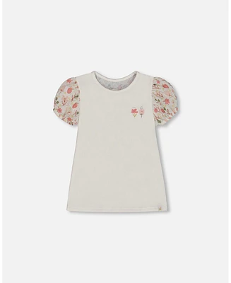 Deux par Big Girls Bi-Material Organic Cotton Top With Puff Sleeve Pink Flowers On Cream Background