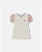 Deux par Big Girls Bi-Material Organic Cotton Top With Puff Sleeve Pink Flowers On Cream Background