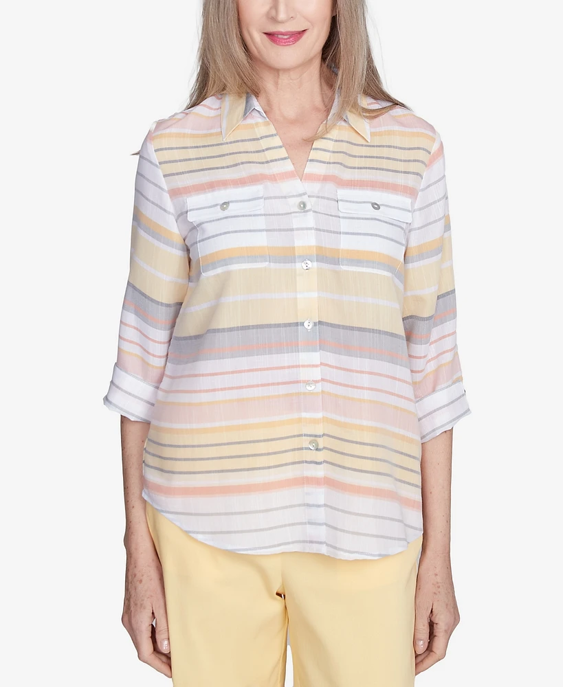 Alfred Dunner Petite Dress Code Button Down Striped Cuffed Sleeve Top