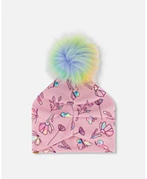 Deux par Deux Baby Girls Printed Jersey Detachable Pompom Hat Lilac And Multicolored Butterfly