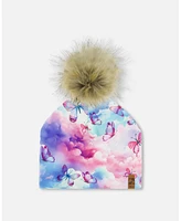 Deux par Girl Printed Jersey Detachable Pompom Hat Butterflies On Multicolored Background - Toddler|Child