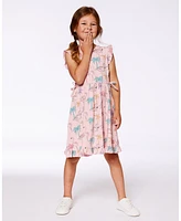 Deux par Toddler Girls Printed Organic Cotton Dress With Cut Outs Palm Trees, Pink Flamingo, And Turquoise - Toddler|Child