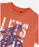 Deux par Toddler Boys Organic Cotton Graphic Tee Orange And Navy Dino - Toddler|Child