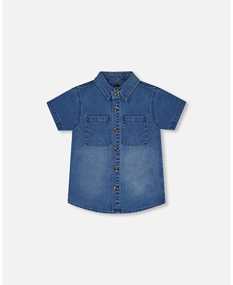 Deux par Baby Boys Short Sleeve Button Down Shirt Dark Denim Blue