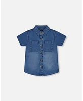 Deux par Baby Boys Short Sleeve Button Down Shirt Dark Denim Blue