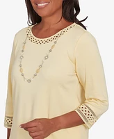 Alfred Dunner Petite Dress Code Solid Lace Trim Top with Necklace