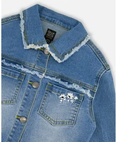 Deux par Girls Frayed Denim Jacket With Embroidery Jeans Blue