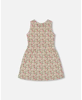 Deux par Big Girls Printed Ribbed Dress With Waist Tie Small Flowers On White Background