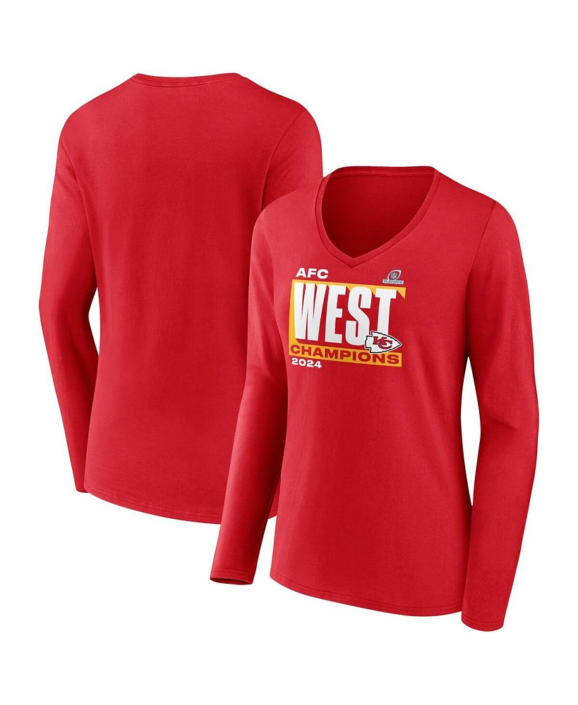 Fanatics Women's Red Kansas City Chiefs 2024 Afc West Division Champions Conquer Long Sleeve V-Neck T-Shirt