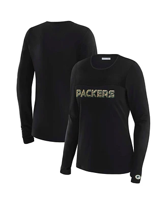 Wear by Erin Andrews x Gracie Hunt Women's Black Green Bay Packers Mesh Panel Long Sleeve T-Shirt