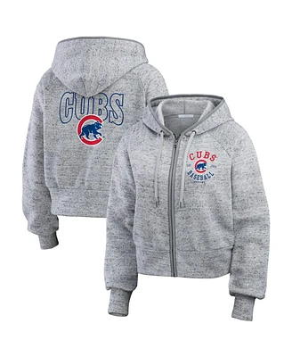 Wear by Erin Andrews Women's Heather Gray Chicago Cubs Speckled Fleece Cropped Full-Zip Hoodie