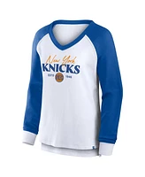 Fanatics Women's White New York Knicks Open Lane Waffle Long Sleeve V-Neck T-Shirt