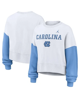 Jordan Women's White North Carolina Tar Heels Color-Block Oversized Cropped Pullover Sweatshirt