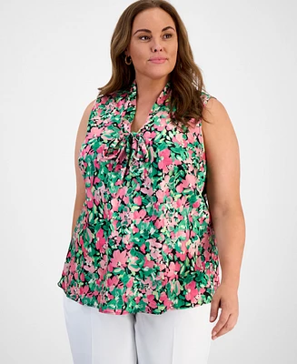 Kasper Plus Size Tie-Neck Floral-Print Shell Top