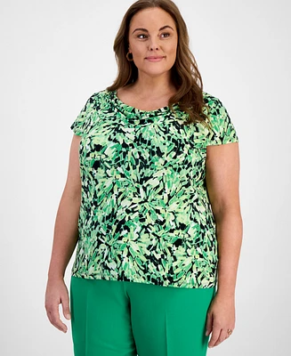 Kasper Plus Printed Cap-Sleeve Top