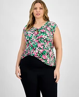 Kasper Plus Floral Keyhole-Neck Cap-Sleeve Top