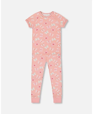 Deux par Baby Girls Organic Cotton Short Sleeve Top And Pant Pajama Set Pink Blue Butterflies On Old