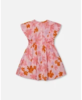 Deux par Baby Girls Printed Muslin Dress Pink And Coral Flowers