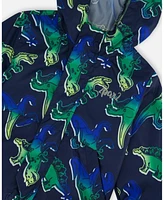 Deux par Boys Printed Packable Windbreaker Blue And Green Dino On Navy