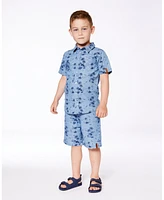 Deux par Toddler Boys Printed Chambray Short Sleeve Shirt Pale Blue And Navy - Toddler|Child