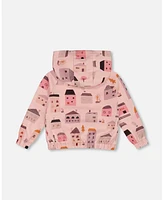 Deux par Big Girls Printed French Terry Hoodie Cardigan Pink And Coral Houses