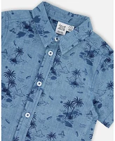 Deux par Big Boys Printed Chambray Short Sleeve Shirt Pale Blue And Navy