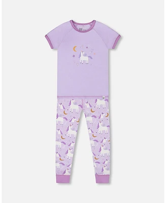 Baby Girl Cotton Short Sleeve Top And Pant Pajama Set White Unicorn On Mauve - Infant