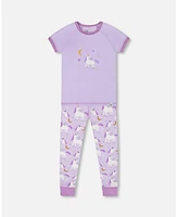 Baby Girl Cotton Short Sleeve Top And Pant Pajama Set White Unicorn On Mauve - Infant