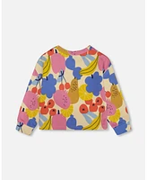 Deux par Big Girls Printed French Terry Sweatshirt Fruits On Yellow Background