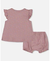 Deux par Baby Girls Printed Organic Cotton Top And Bloomer Set Purple With Pear Seeds