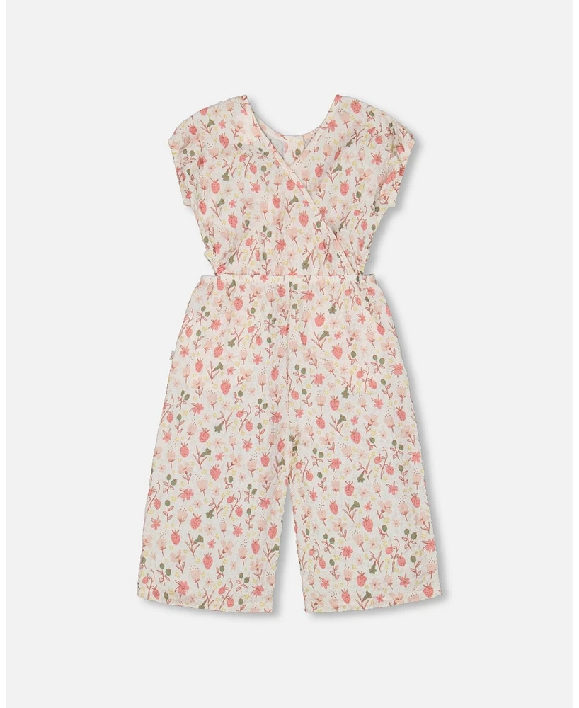 Deux par Big Girls Printed Seersucker Jumpsuit With Cut Outs Pink Flowers On Cream Background