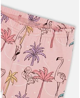 Deux par Toddler Girls Printed Organic Cotton Capri Legging Palm Trees, Pink Flamingo, And Turquoise - Toddler|Child