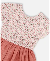 Deux par Big Girls Bi-Material Dress With Printed Top Small Flowers And Pink