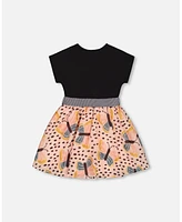 Deux par Toddler Girls Bi-Material Dress With Printed Skirt Black, Pink, And Butterflies - Toddler|Child