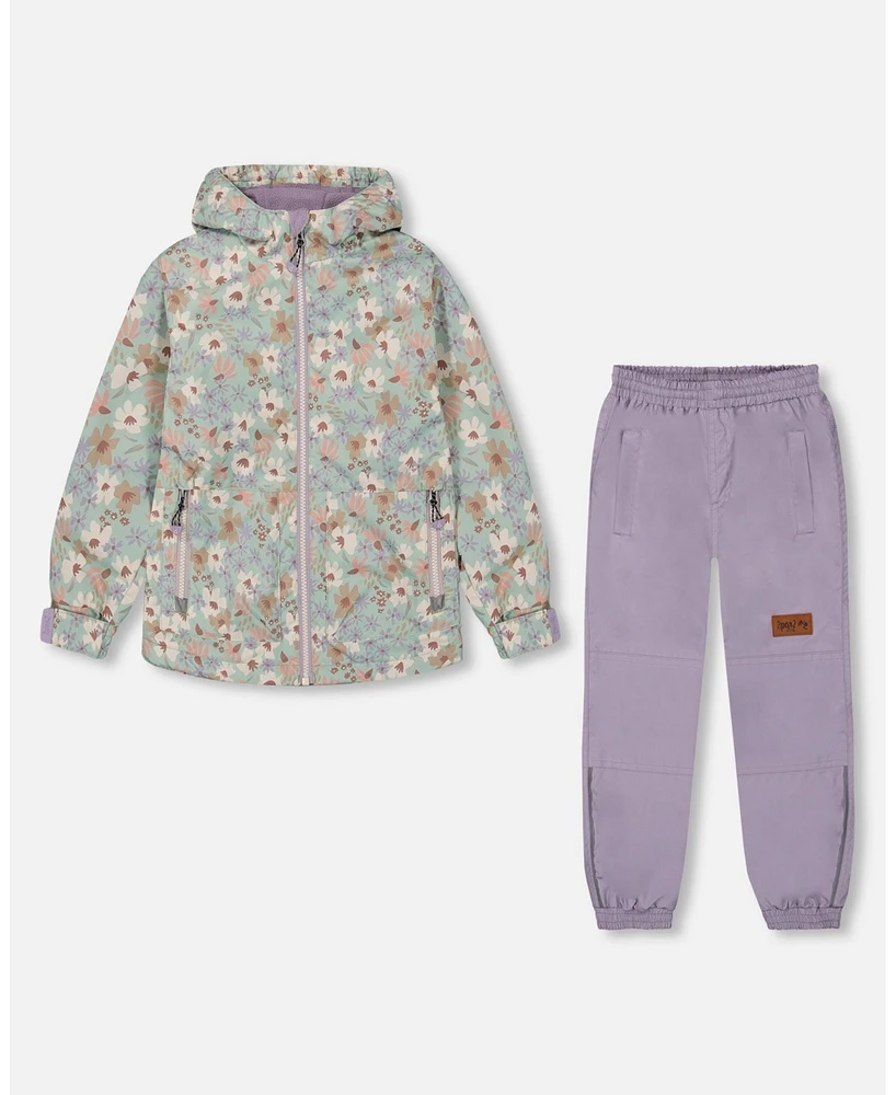 Deux par Big Girls Printed Jacket Two-Piece Mid-Season Outerwear Set Small White Flowers On Turquoise And Lilac.