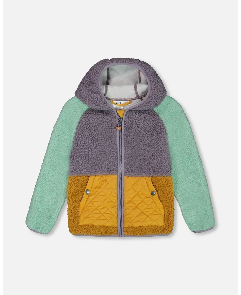 Deux par Deux Baby Girl Sherpa Mid-Season Colorblock Jacket Lilac, Pale Turquoise, And Yellow - Infant