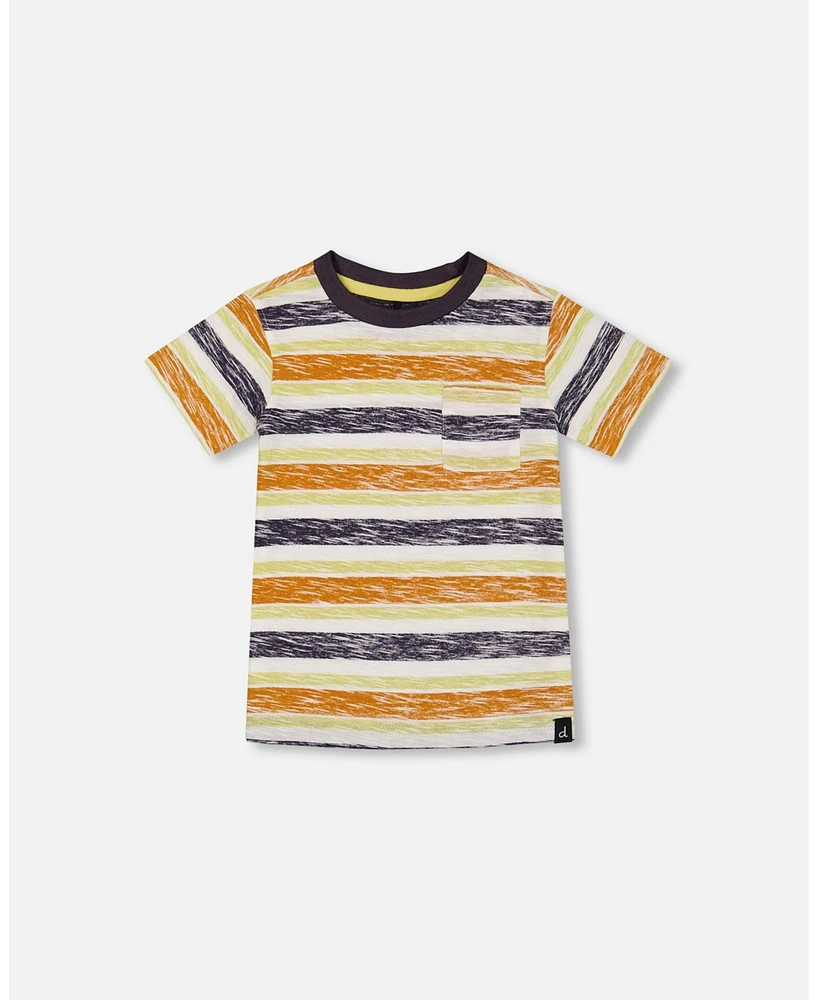 Deux par Baby Boys Printed Cotton Tee Navy Striped, Orange, And Lime Green