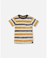 Deux par Baby Boys Printed Cotton Tee Navy Striped, Orange, And Lime Green